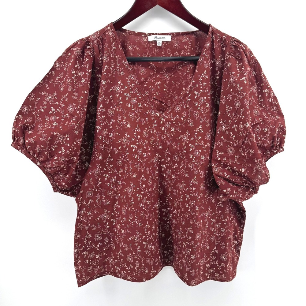 Madewell Blouse Women XL Burgundy Floral Puff Sleeve V-Neck Boho Cottagecore Top